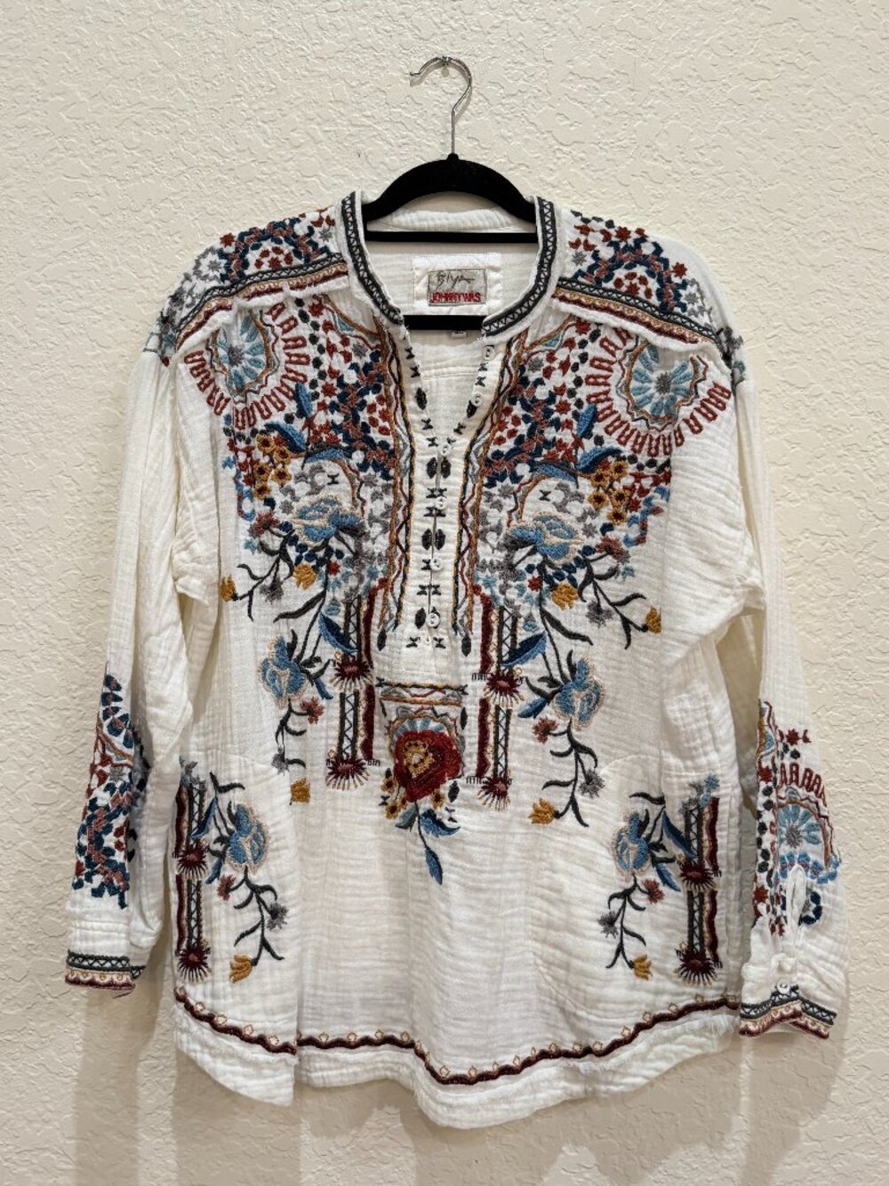 Biya Johnny Was 100% Cotton Gauze Embroidered Pullover Tunic L White Folk Floral